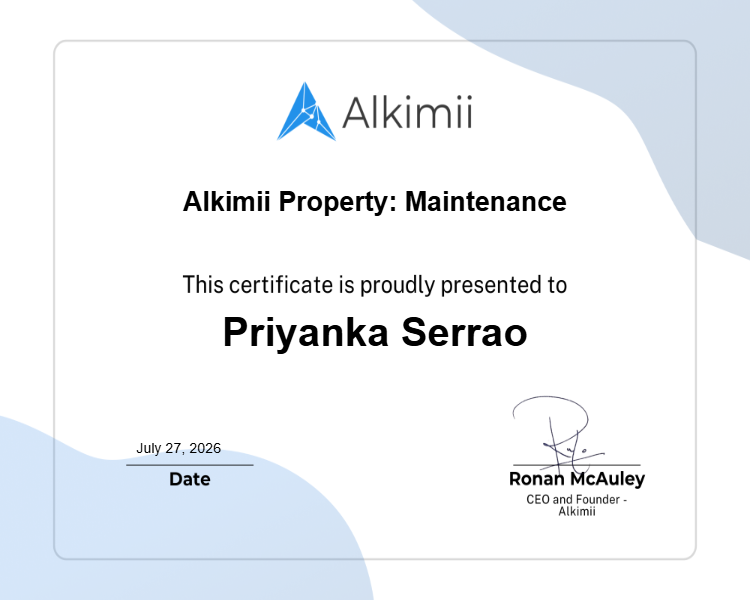 Alkimii Property: Maintenance Certificate