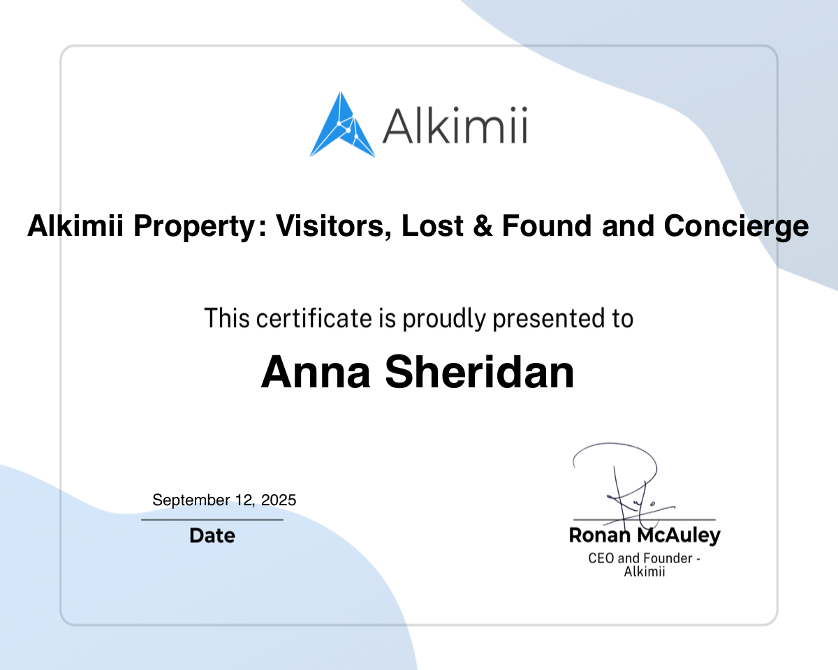 Alkimii Property: Visitors, Lost & Found and Concierge Certificate