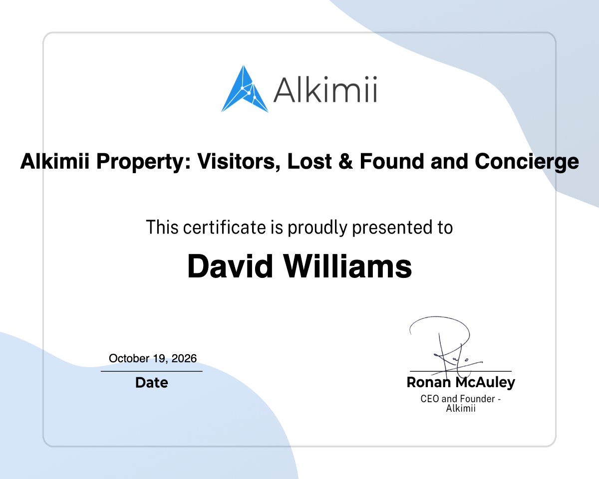 Alkimii Property: Visitors, Lost & Found and Concierge Certificate