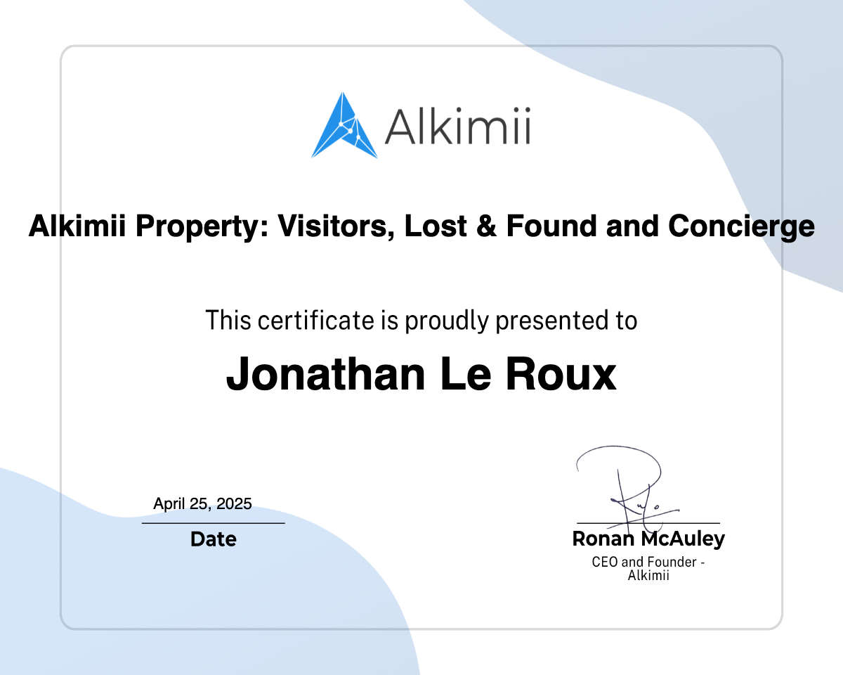 Alkimii Property: Visitors, Lost & Found and Concierge Certificate