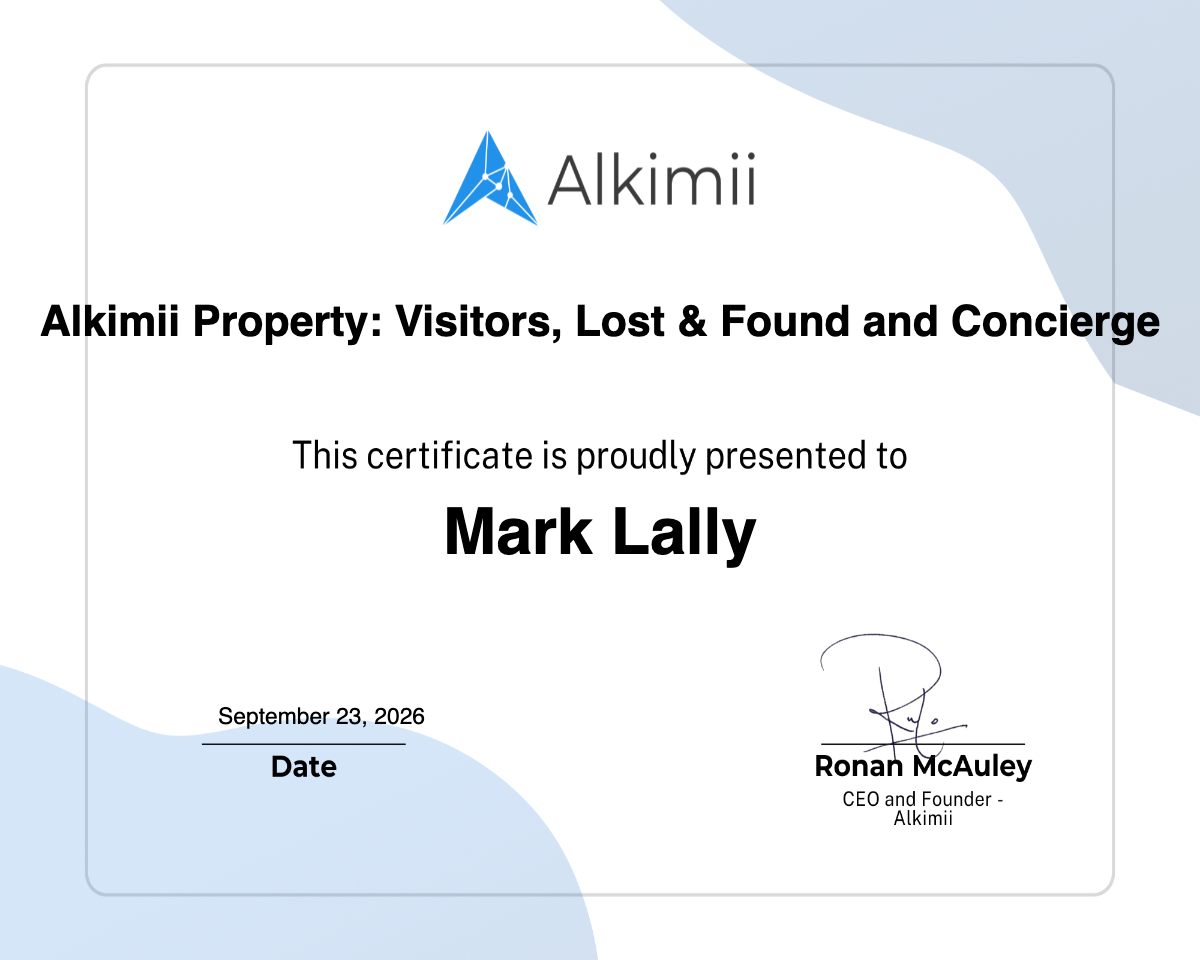 Alkimii Property: Visitors, Lost & Found and Concierge Certificate