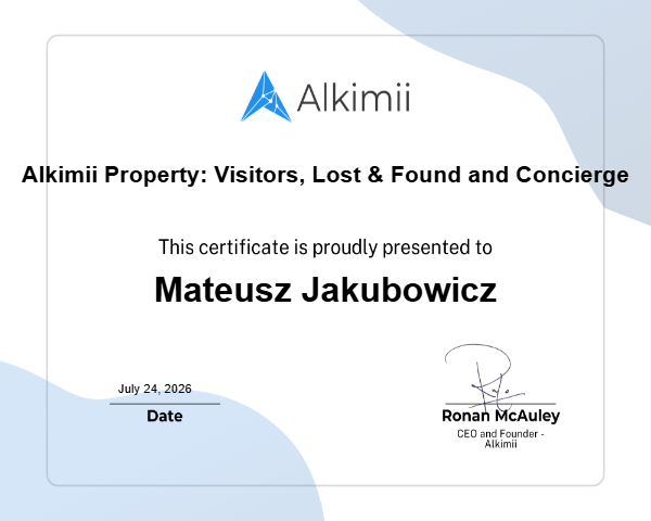 Alkimii Property: Visitors, Lost & Found and Concierge Certificate