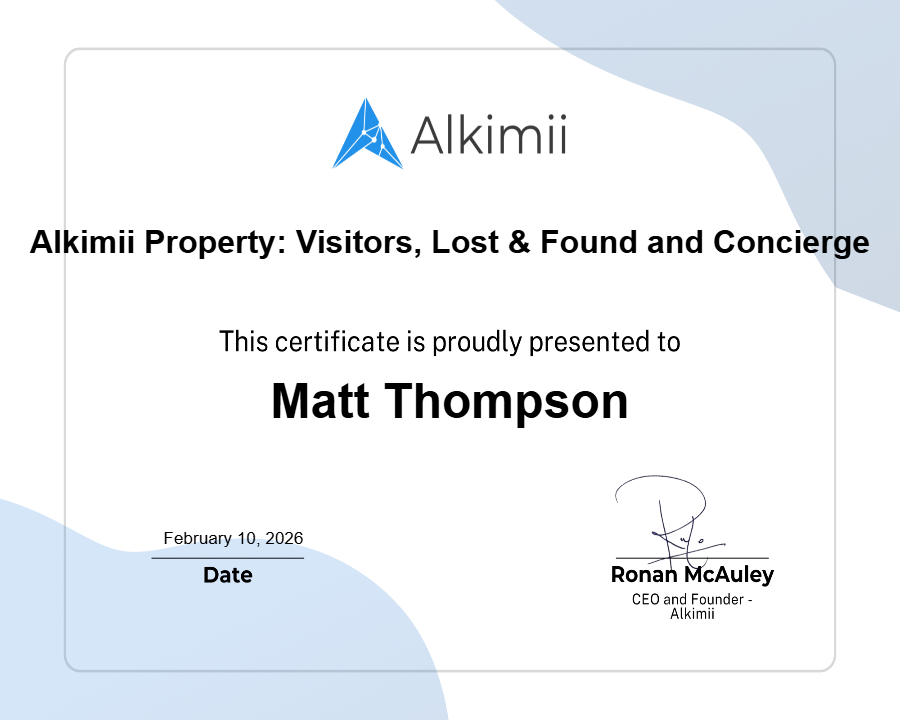 Alkimii Property: Visitors, Lost & Found and Concierge Certificate