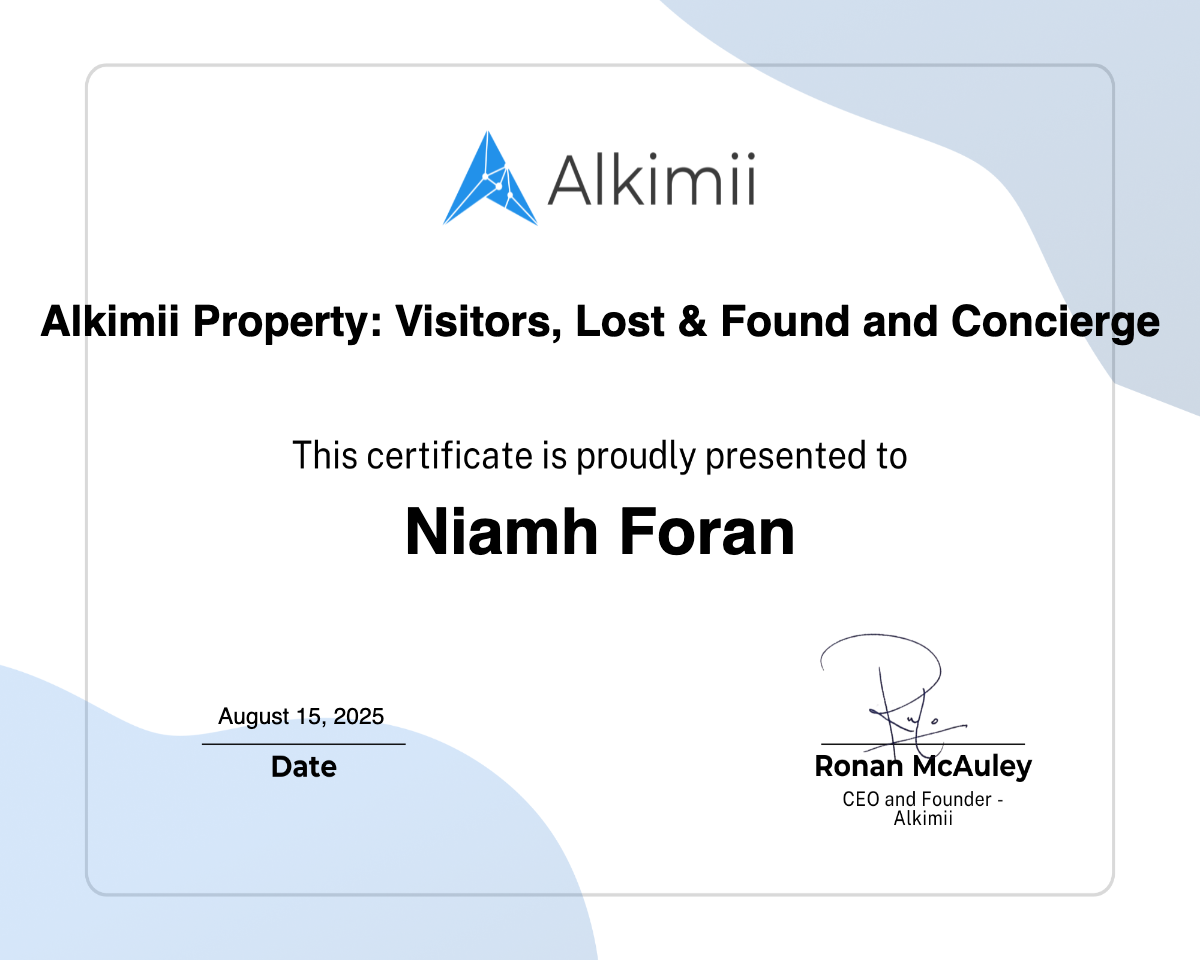 Alkimii Property: Visitors, Lost & Found and Concierge Certificate