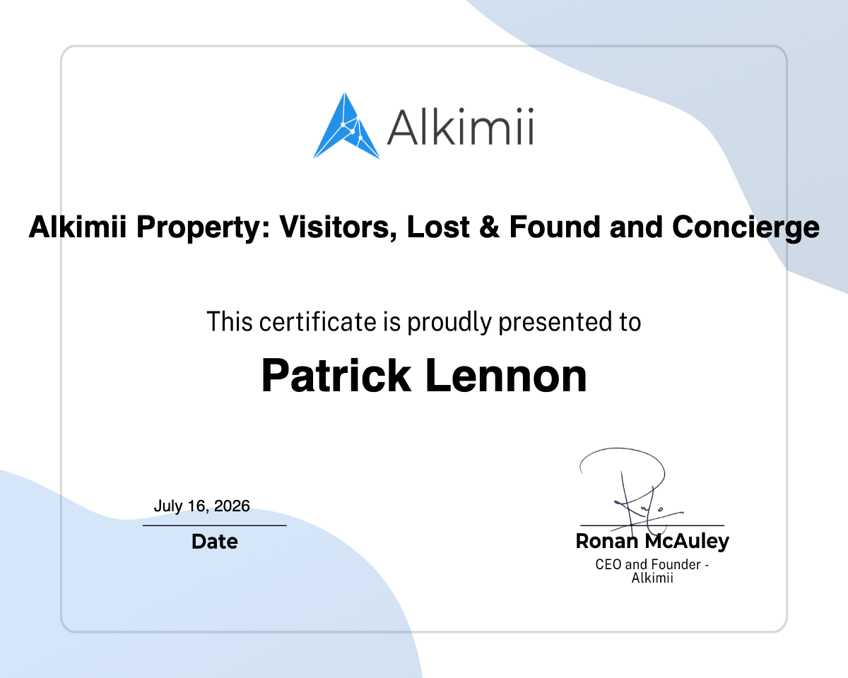 Alkimii Property: Visitors, Lost & Found and Concierge Certificate