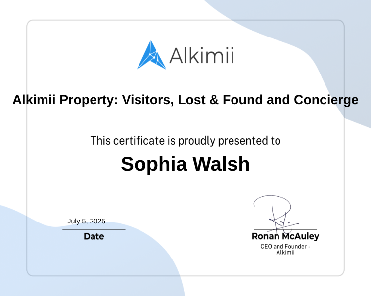 Alkimii Property: Visitors, Lost & Found and Concierge Certificate