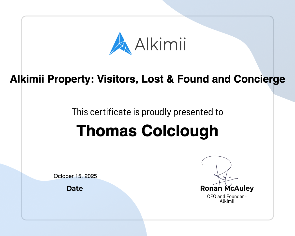 Alkimii Property: Visitors, Lost & Found and Concierge Certificate