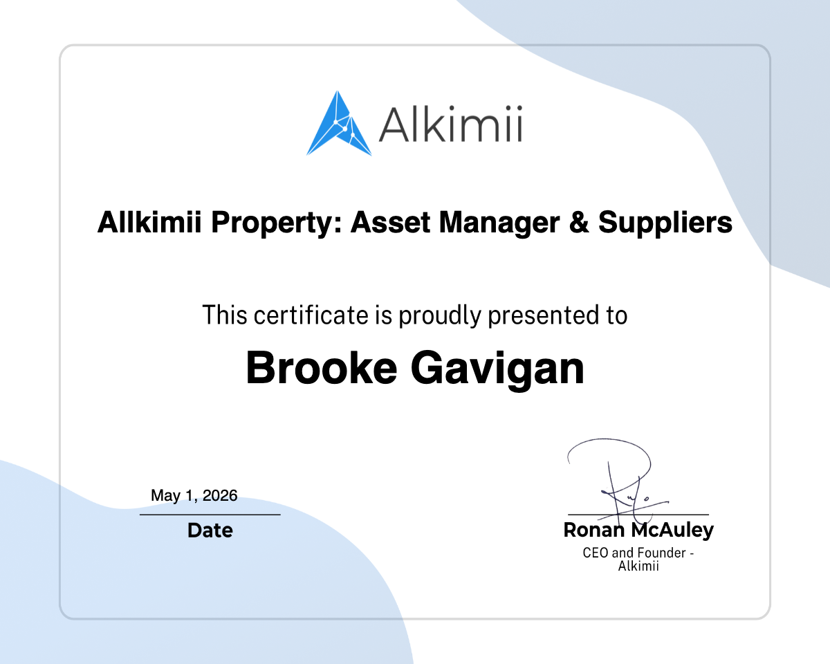 Allkimii Property: Asset Manager & Suppliers Certificate