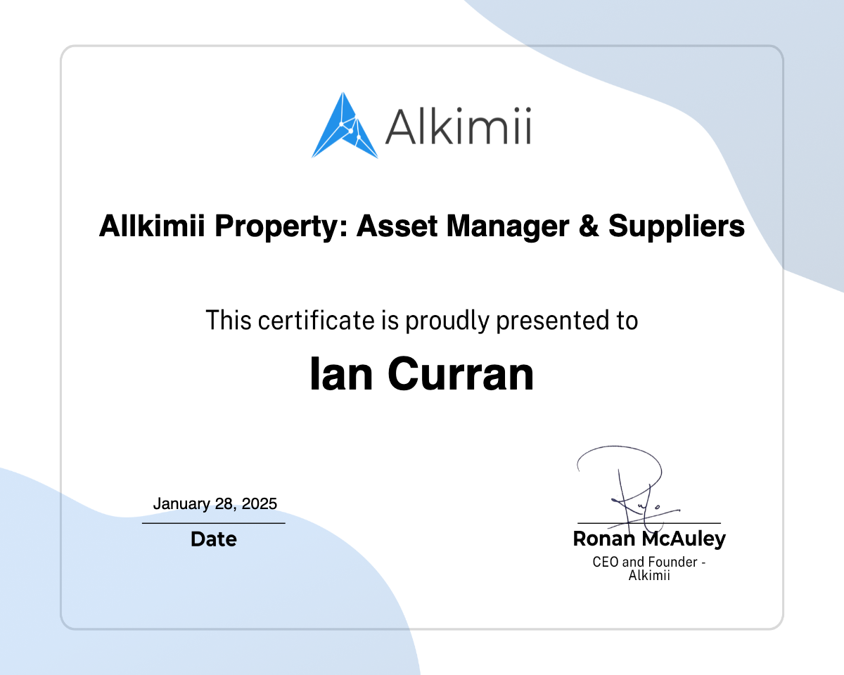 Allkimii Property: Asset Manager & Suppliers Certificate