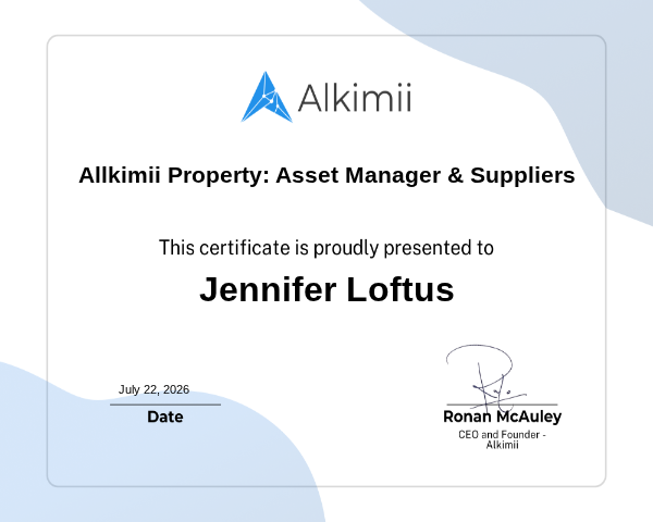 Allkimii Property: Asset Manager & Suppliers Certificate