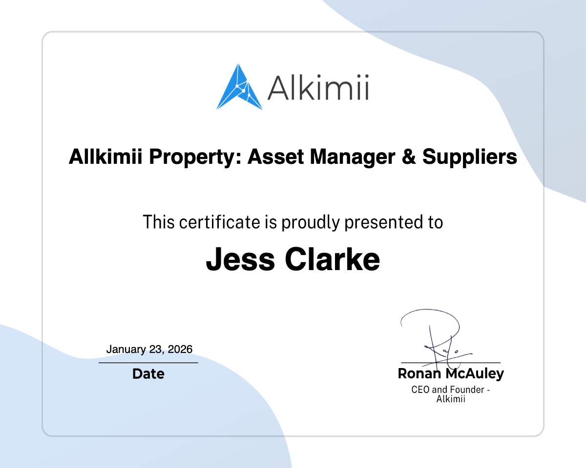 Allkimii Property: Asset Manager & Suppliers Certificate