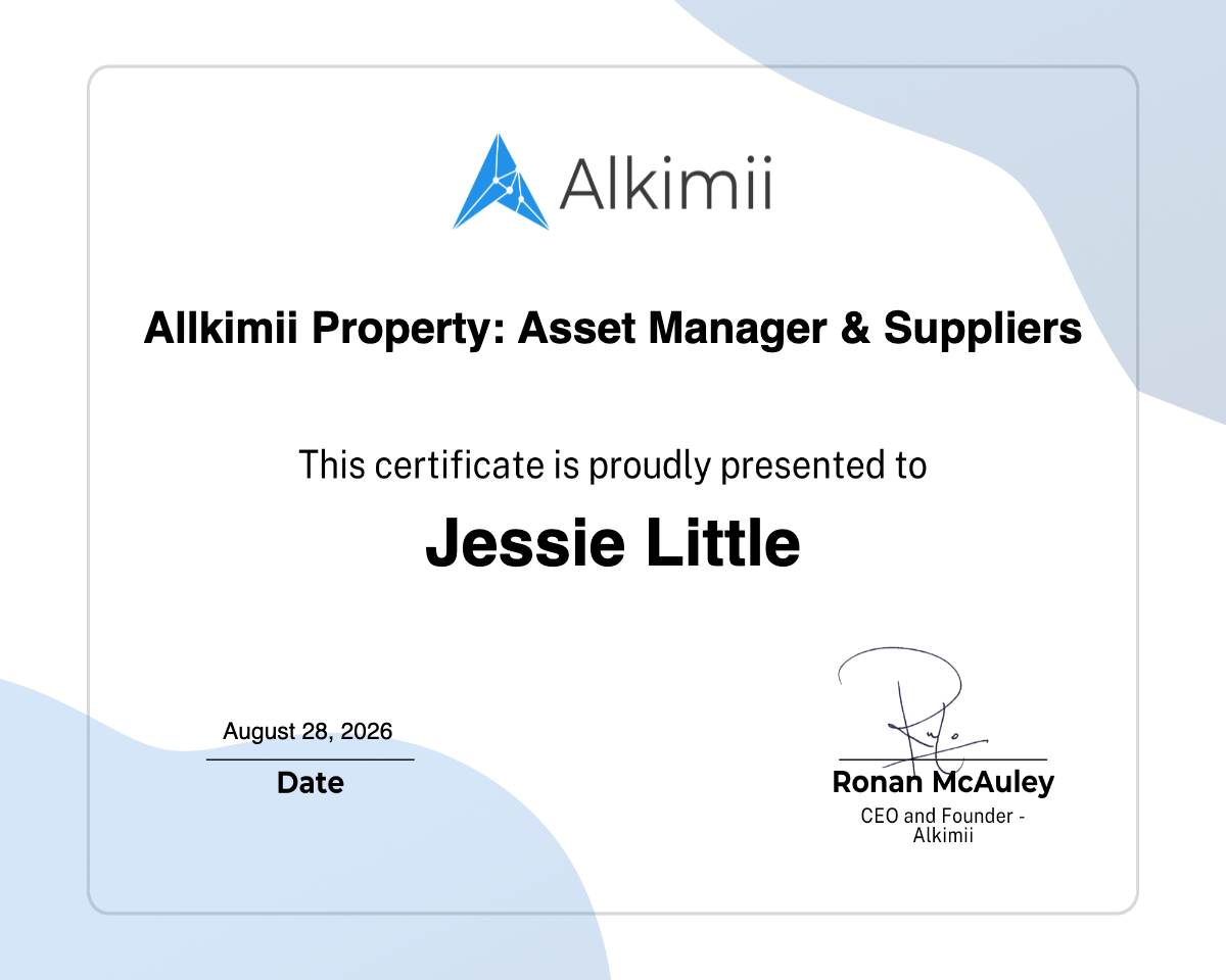 Allkimii Property: Asset Manager & Suppliers Certificate