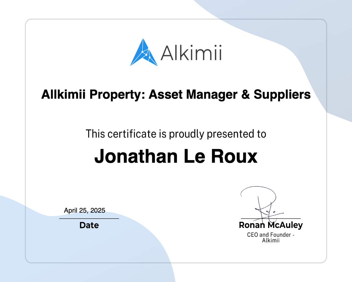 Allkimii Property: Asset Manager & Suppliers Certificate