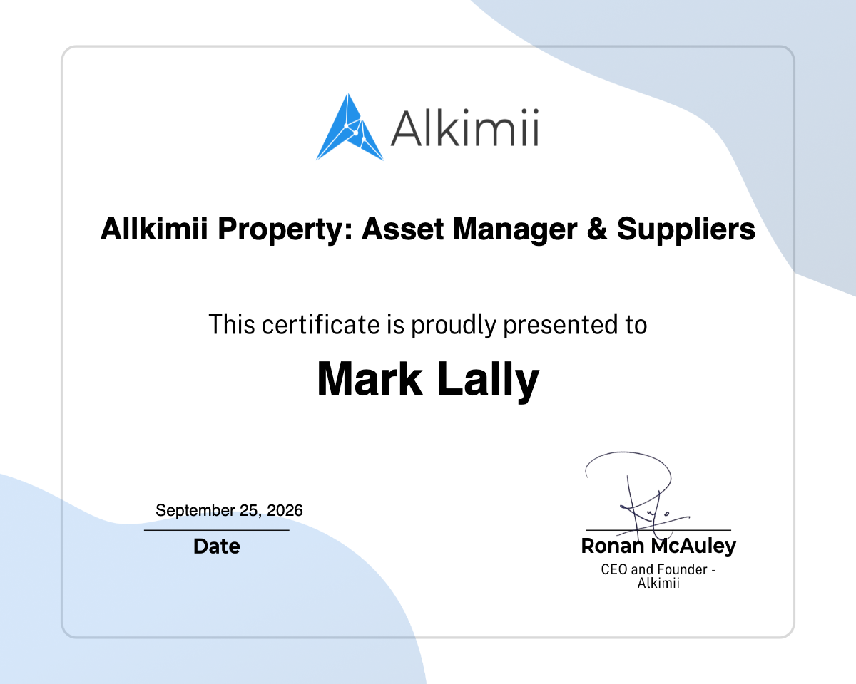 Allkimii Property: Asset Manager & Suppliers Certificate