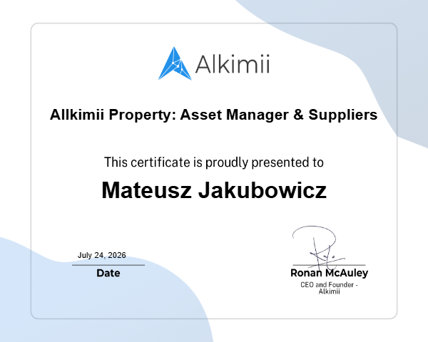 Allkimii Property: Asset Manager & Suppliers Certificate
