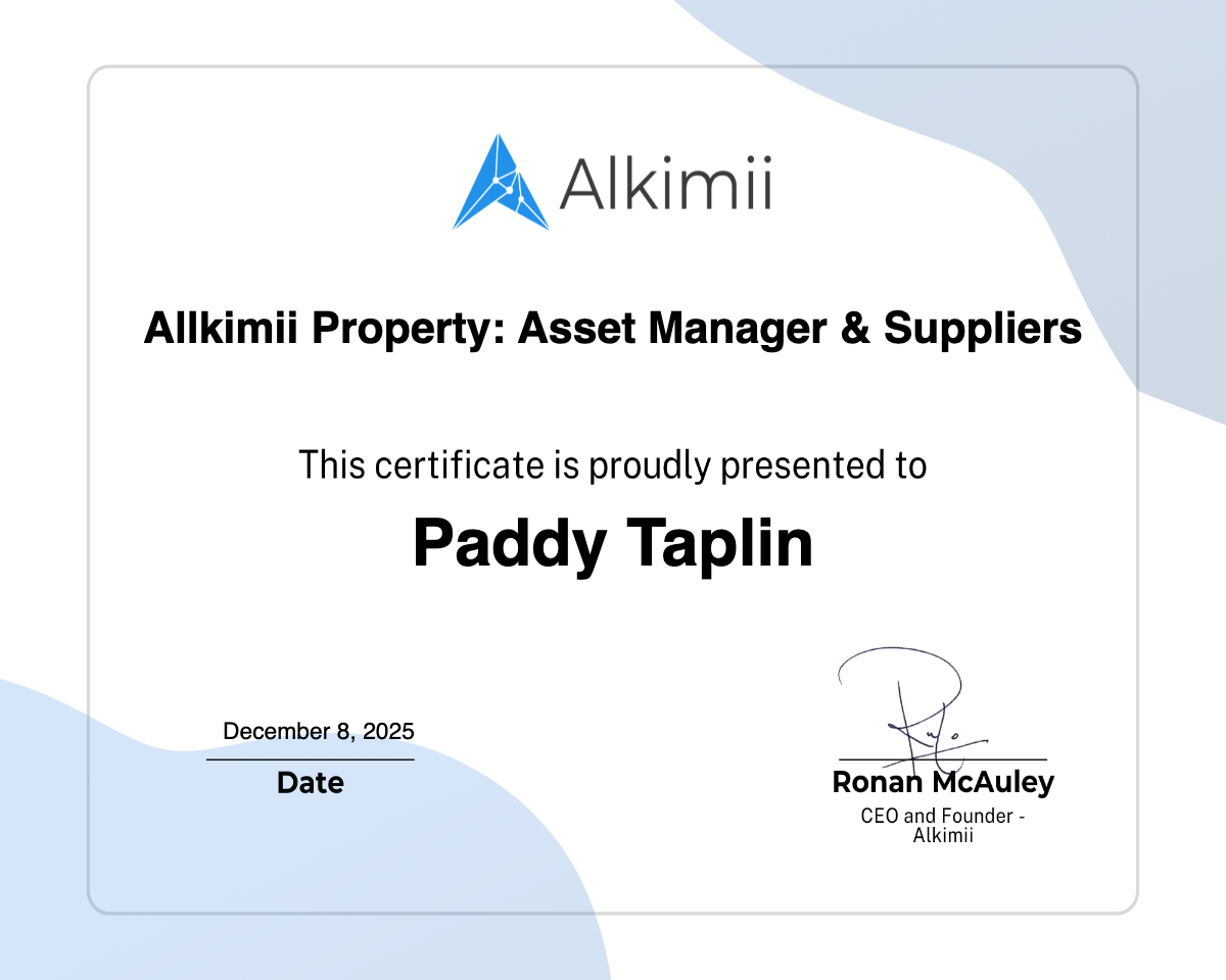 Allkimii Property: Asset Manager & Suppliers Certificate