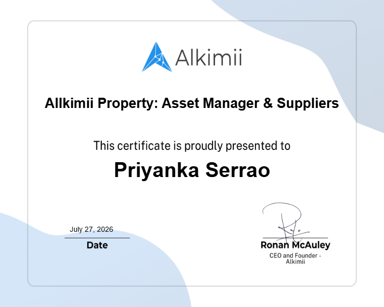 Allkimii Property: Asset Manager & Suppliers Certificate