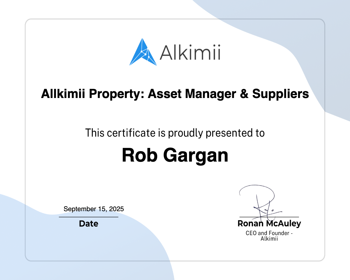 Allkimii Property: Asset Manager & Suppliers Certificate