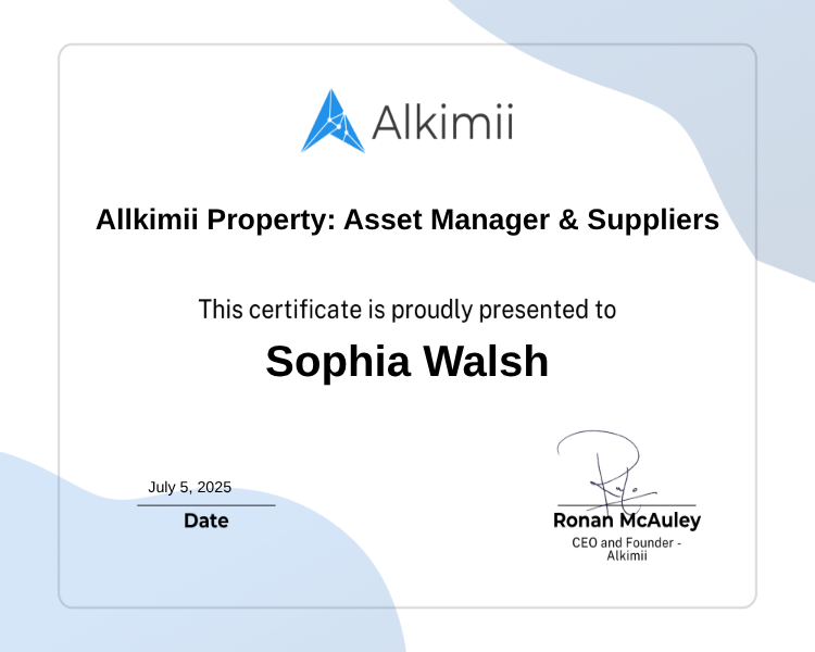 Allkimii Property: Asset Manager & Suppliers Certificate