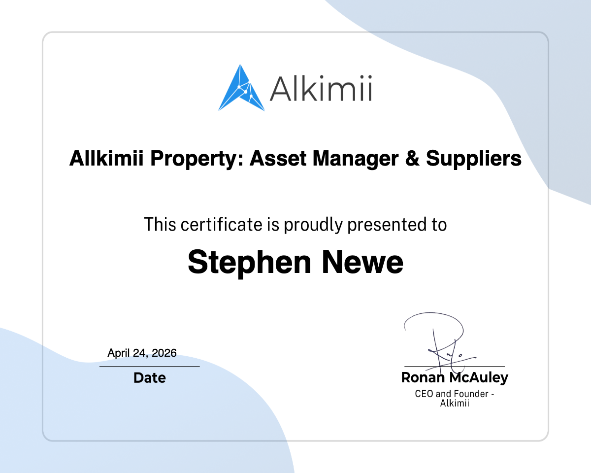 Allkimii Property: Asset Manager & Suppliers Certificate